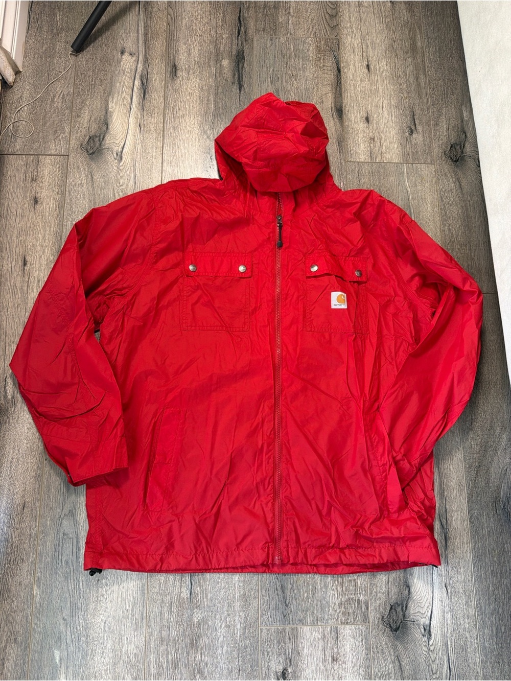 Carhartt Menโs Bright Red Hooded Raincoat Jacket